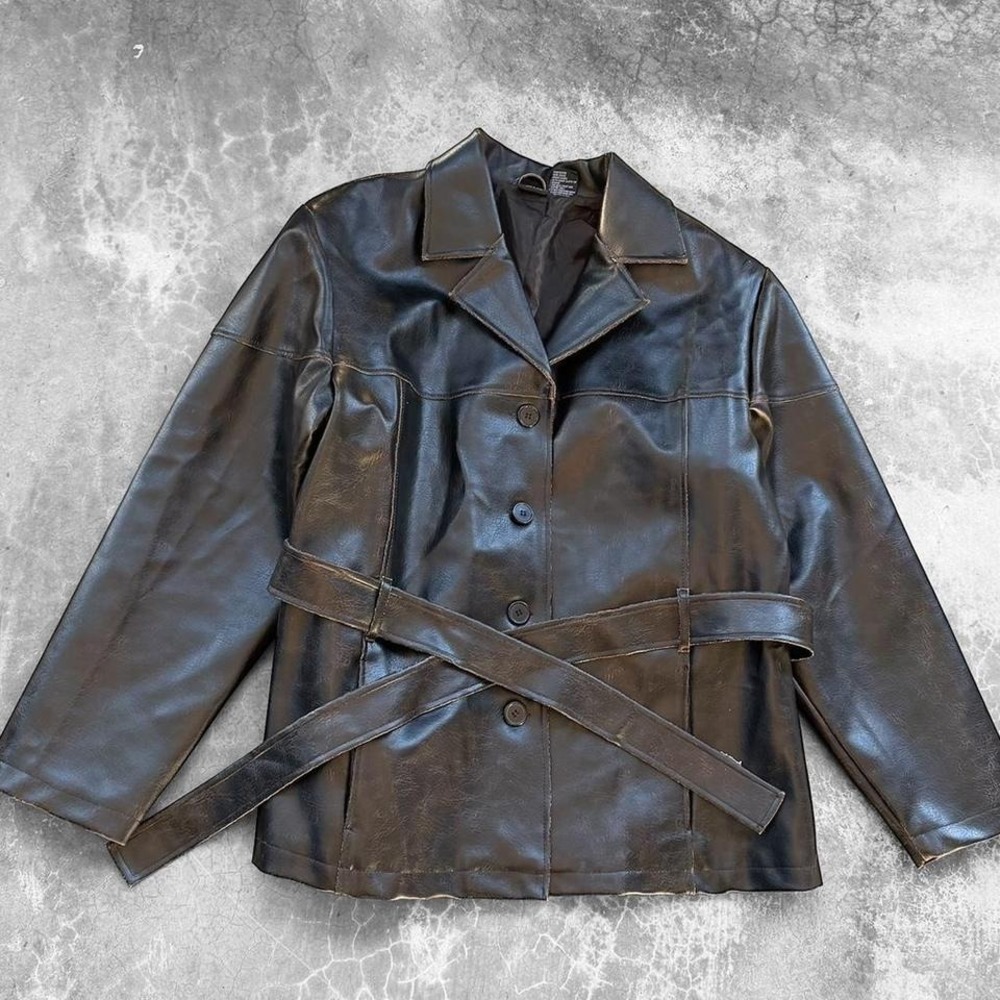 Vintage 90's Mossimo Black Leather double breasted belted jacket womens size 20